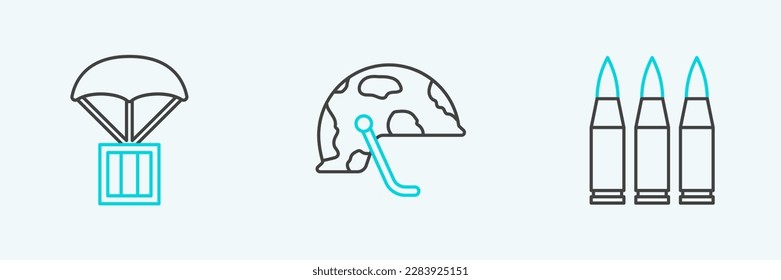 Ajuste la línea Bullet, la caja de aterrizaje y el icono del casco militar. Vector