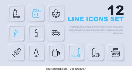 Set Line Bullet, Munitionsbox, Fallenjagd, Feuerzeug, Baum, Zielsport und Kaffeetasse Symbol. Vektorgrafik