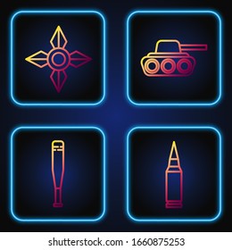 Fijar la línea Bullet, Bate de béisbol, ninja shuriken japonés y tanque militar. Iconos de color degradado. Vector