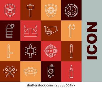 Línea Bullet, Bate de béisbol, hacha medieval, Deporte Target, Viking en casco con cuernos, Granada Mano, Insignia de la Policía e Icono de cañón. Vector