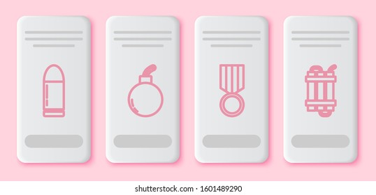 Set line Bullet , Bomb ready to explode , Military reward medal  and Detonate dynamite bomb stick. White rectangle button. Vector