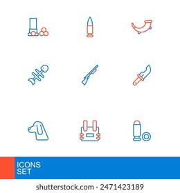 Set line Bullet, Bulletproof vest, Hunting dog, Hunter knife, Dead fish, gun, horn and  icon. Vector