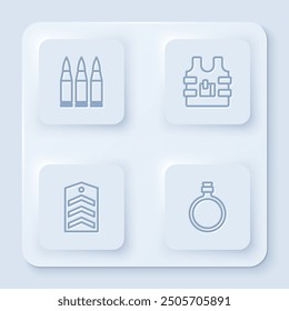 Set line Bullet, Bulletproof vest, Chevron and Canteen water bottle. White square button. Vector