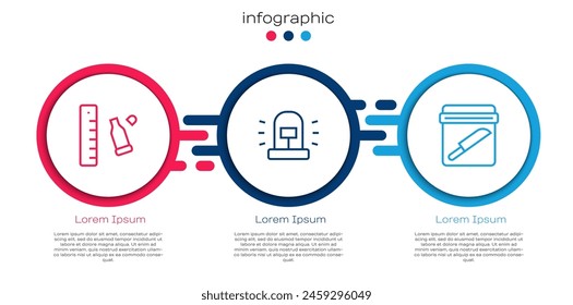 Set line Bullet casing with ruler, Flasher siren and Evidence bag knife. Business infographic template. Vector
