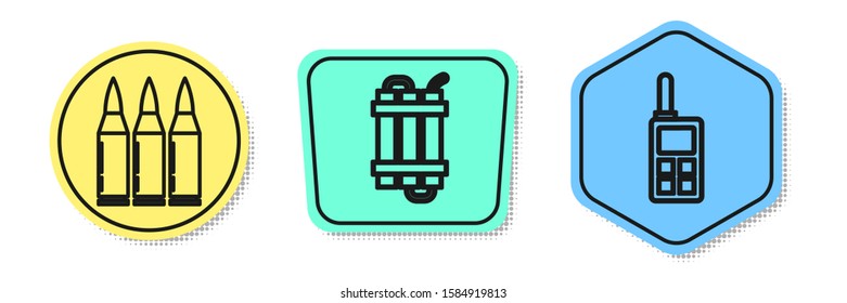 Set line Bullet , Detonate dynamite bomb stick and Walkie talkie . Colored shapes. Vector