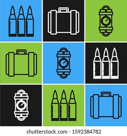 Set line Bullet , Detonate dynamite bomb stick and timer clock and Military ammunition box icon. Vector