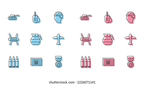Fijar línea Bullet, Bomba dinamita, tanque militar, medalla de recompensa, granada de mano, caza Jet fighter, alambre de púas e ícono de etiqueta de perro. Vector