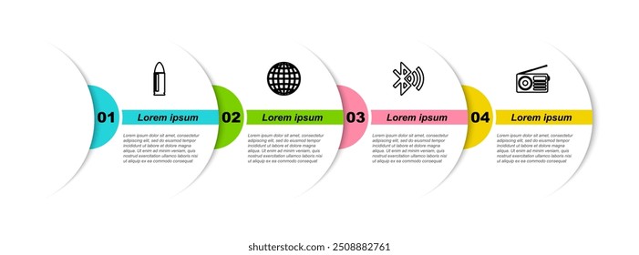Set line Bullet, Earth globe, Bluetooth connected and Radio. Business infographic template. Vector