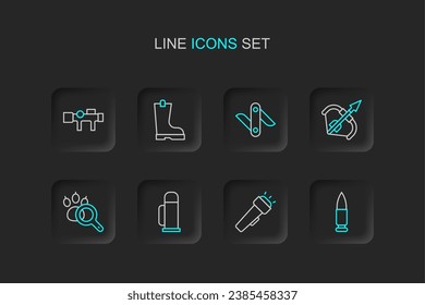 Set line Bullet, Flashlight, Thermos container, Paw search, Medieval bow and arrow, Swiss army knife, Waterproof rubber boot and Sniper optical sight icon. Vector