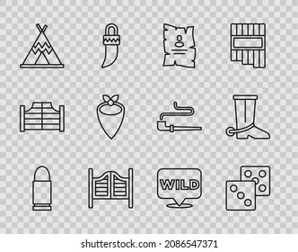 Set line Bullet, Game dice, Wanted western poster, Saloon door, Indian teepee wigwam, Cowboy bandana, Pointer to wild and boot icon. Vector