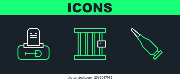 Set line Bullet, Grave with tombstone and Prison window icon. Vector