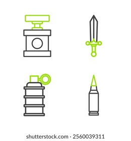 Set line Bullet, Hand grenade, Medieval sword and Handle detonator for dynamite icon. Vector