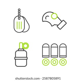 Set line Bullet, Hand grenade, Gas mask and Military dog tag icon. Vector