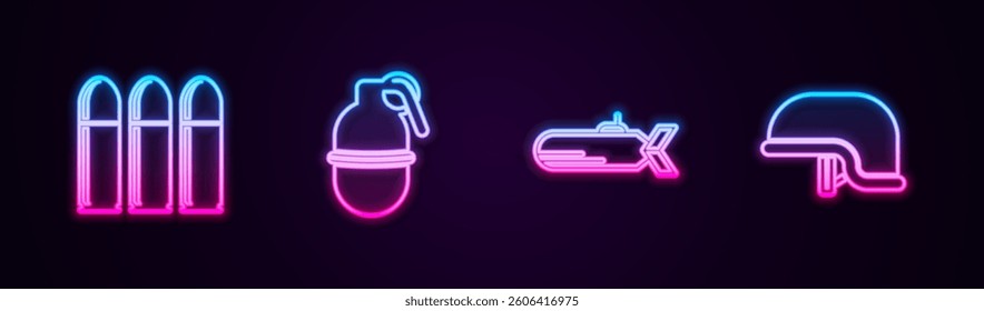 Set line Bullet, Hand grenade, Submarine and Military helmet. Glowing neon icon. Vector