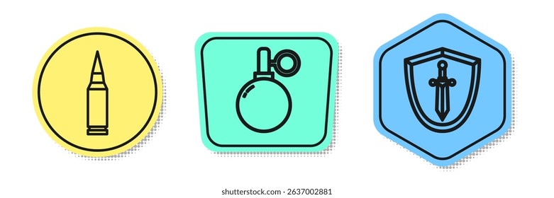 Set line Bullet, Hand grenade and Medieval shield with sword. Colored shapes. Vector