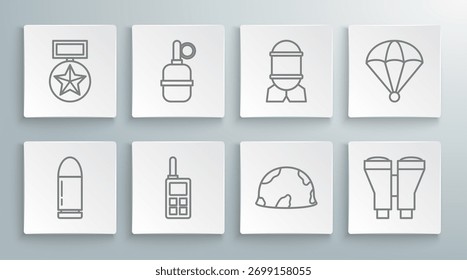 Set Linie Kugel, Handgranate, Walkie Talkie, Militärhelm, Fernglas, Luftbombe, Fallschirm und Belohnung Medaillensymbol. Vektorgrafik