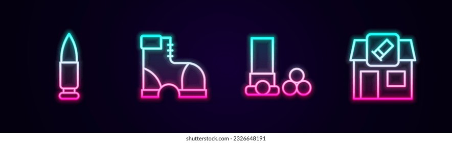 Set-Line-Bullet, Jägerstiefel, Patronen und Jagdgeschäft. Leuchtendes Neonsymbol. Vektorgrafik