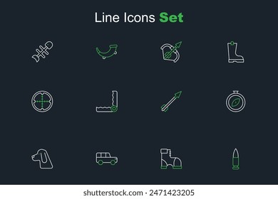 Set line Bullet, Hunter boots, Safari car, Hunting dog, Compass, Medieval arrow, Trap hunting and Sniper optical sight icon. Vector