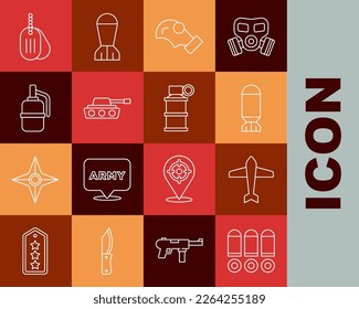 Fijar la línea Bullet, Jet fighter, Aviation Bomba, Gas Mascarilla, Tanque militar, Granada de mano, etiqueta de perro e ícono de humo. Vector