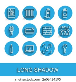 Set line Bullet, Laptop and lock, Fingerprint, Face recognition, Key, Credit card, Graphic password protection and Bricks icon. Vector