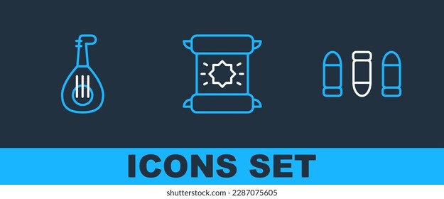 Fijar línea Bullet, Lute y Decreto, pergamino, icono de desplazamiento. Vector