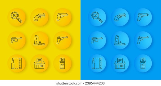 Set line Bullet, Mauser gun, Gun magazine and bullets, Pepper spray, Pistol or search,  and Small revolver icon. Vector