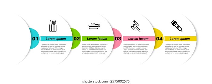 Set line Bullet, Military tank, Rocket and Nuclear rocket. Business infographic template. Vector