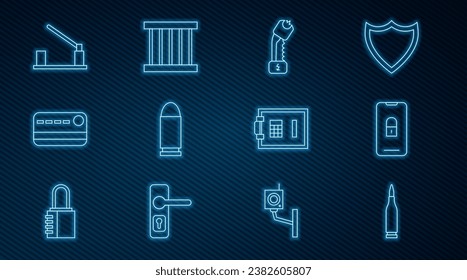 Fijar línea Bullet, móvil con candado cerrado, choque eléctrico de la policía, tarjeta de crédito, barrera de estacionamiento, icono de ventana de seguridad y prisión. Vector