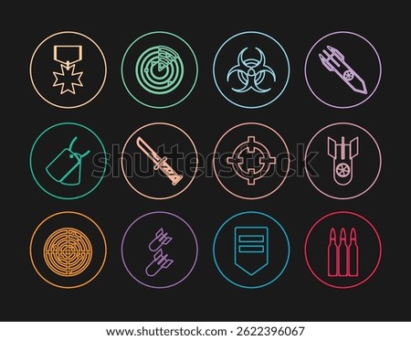 Set line Bullet, Nuclear bomb, Biohazard symbol, Military knife, dog tags, reward medal, Target sport and Radar with targets icon. Vector