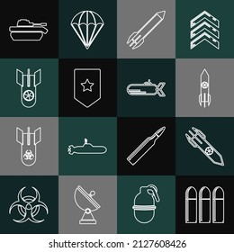 Set line Bullet, Nuclear rocket, Rocket, Chevron, bomb, Military tank and Submarine icon. Vector