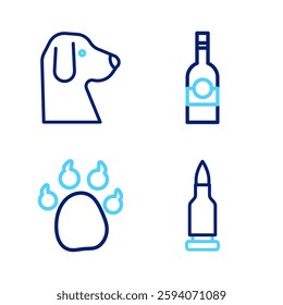 Set line Bullet, Paw print, Bottle of vodka and Dog icon. Vector