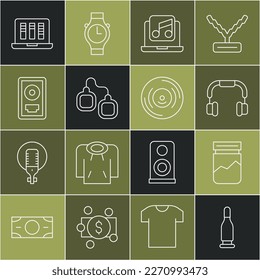Set line Bullet, Plastic bag of drug, Headphones, Laptop with music, Handcuffs, CD disk award in frame, Sound or audio recorder and Vinyl icon. Vector