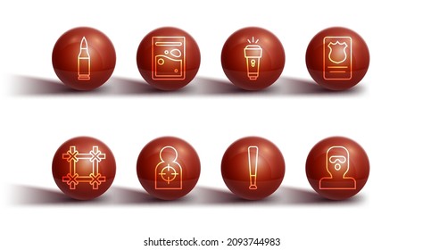 Set line Bullet, Prison window, Police badge with id case, Baseball bat, Human target sport for shooting, Plastic bag of drug, Thief mask and Flashlight icon. Vector