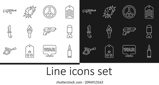 Set line Bullet, Rocket launcher, Peace, Torch flame, Military knife, Submachine gun, Pistol and Bomb explosive planet earth icon. Vector