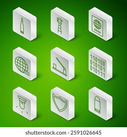 Set line Bullet, Shield, Parking car barrier, Social network, Watch tower, Motion sensor and Binary code icon. Vector
