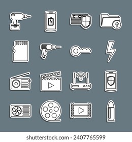 Ajuste la línea Bullet, Smartphone con escudo, Relámpago, Protección de dinero, Máquina de perforación, Tarjeta de memoria Micro SD e Icono de clave. Vector