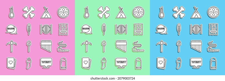 Fijar la línea Bullet, la tubería de fumar, el afiche occidental Wanted, la tepee o wigwam indias, plumas, la pluma Bang boom, la pistola Comic, el bucle de la cuerda de la horca colgando y el icono de la puerta Saloon. Vector