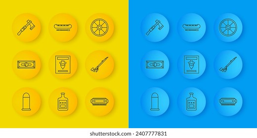 Set line Bullet, Stacks paper money cash, Wanted western poster, Harmonica, Native American indian smoking pipe, Tomahawk axe, Old wooden wheel and Kayak or canoe and paddle icon. Vector
