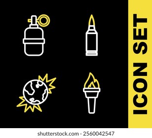 Set line Bullet, Torch flame, Bomb explosive planet earth and Hand grenade icon. Vector