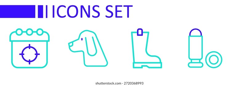 Set Linie Kugel, Wasserdichte Gummistiefel, Jagdhund und Ziel Sport-Symbol. Vektorgrafik