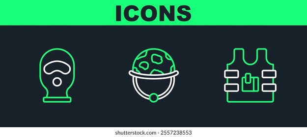 Set line Bulletproof vest, Balaclava and Military helmet icon. Vector