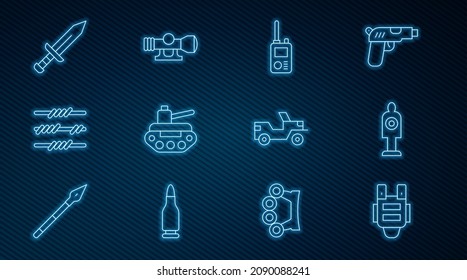 Fijar línea chaleco antibalas, Deporte objetivo humano para disparar, Walkie talkie, tanque militar, alambre de púas, Espada, jeep e icono de visión óptica Sniper. Vector