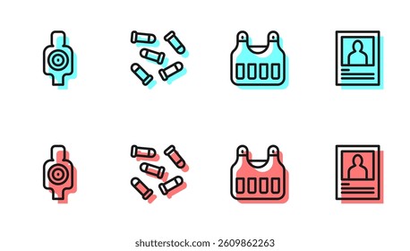 Set line Bulletproof vest, Human target sport for shooting,  and Wanted poster icon. Vector