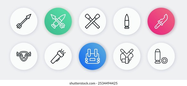 Set line Bulletproof vest, Hunter knife, Deer antlers on shield, Slingshot, Burning match with fire,  and Flashlight icon. Vector