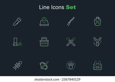 Set line Bulletproof vest, Paw search, Medieval bow and arrow, Dead fish, Slingshot, Burning match with fire, Ammunition box and Cartridges icon. Vector