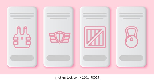 Set line Bulletproof vest for protection from bullets , Military reward medal , Military ammunition box and Kettlebell . White rectangle button. Vector