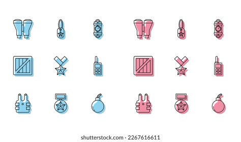 Fijar línea chaleco antibalas para protección contra balas, medalla de recompensa militar, Binoculares, Bomba lista para explotar, Walkie talkie, caja de municiones e icono de etiqueta de perro. Vector