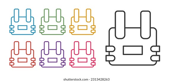 Fijar línea Bulletproof vest para la protección contra el icono de balas aislado en fondo blanco. Signo de la armadura corporal. Ropa militar. Indique los iconos en colores. Vector