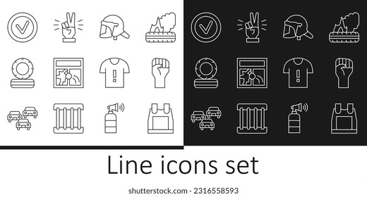 Set line Bulletproof vest, Raised hand with clenched fist, Police helmet, Broken window, Lying burning tires, Check mark round, T-shirt protest and Hand showing two finger icon. Vector