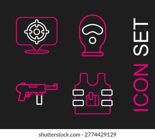 Set line Bulletproof vest, Submachine gun M3, Balaclava and Target sport icon. Vector